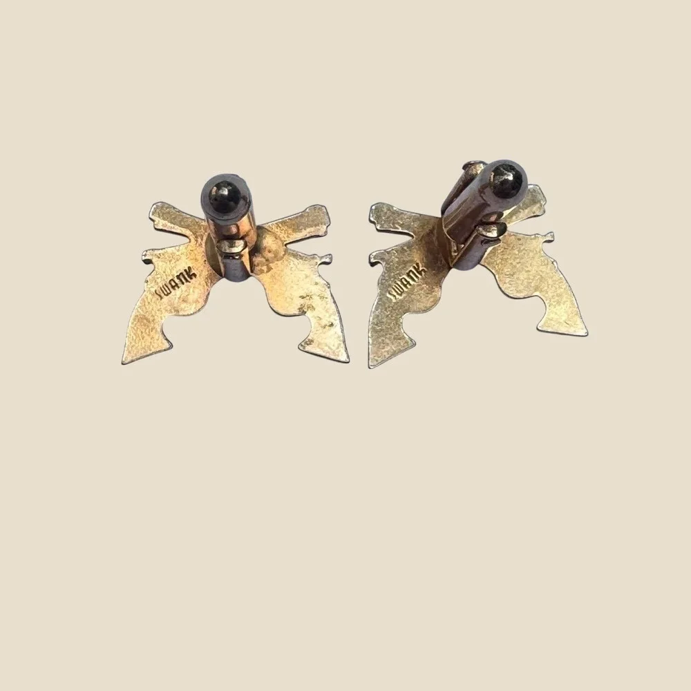 Vtg Swank Crossed Revolvers Gold Tone Cufflinks and Tie Clip Set Western Retro